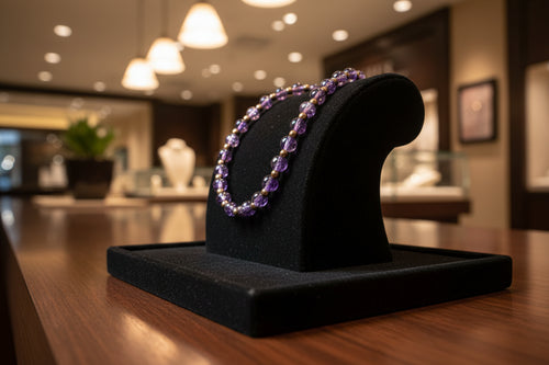 A beaded stretch bracelet made of purple faceted beads separated by small gold spacer beads, displayed on a textured beige fabric background.